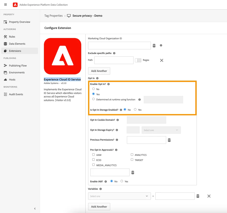 Adobe Experience Cloud ID Service extension settings showing the Enable Opt In option set to Yes in Adobe Experience Platform Data Collection