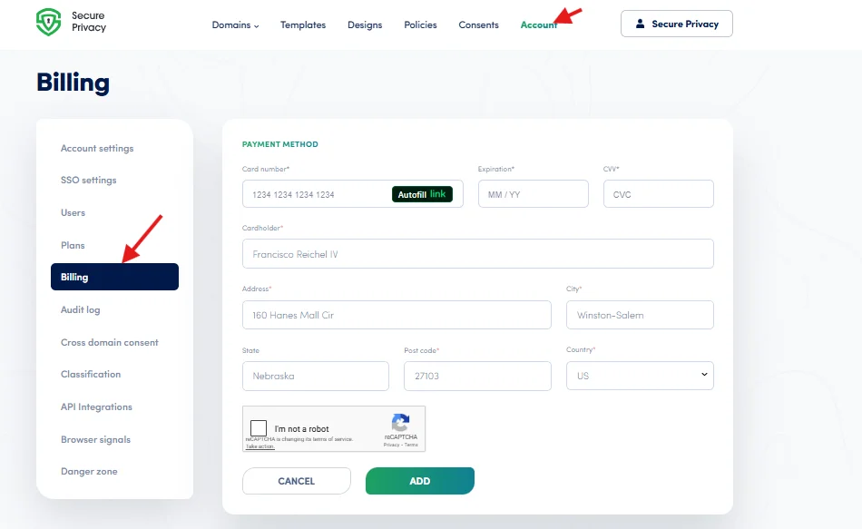 Secure Privacy account Billing page showing credit card entry fields for subscription payment