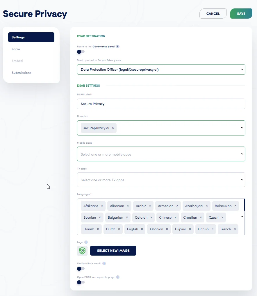 Secure Privacy DSAR Settings tab showing destination routing options, domain assignment, language selection and email verification toggle
