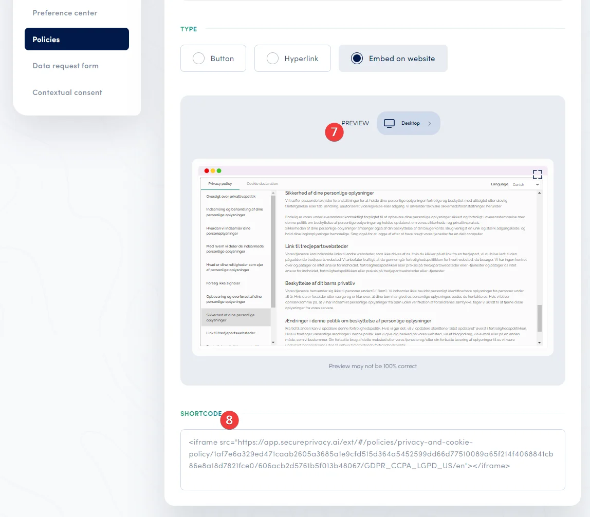 Secure Privacy policy embed settings page showing three embed type options — button, hyperlink, and direct iframe embed — along with text settings and a device preview