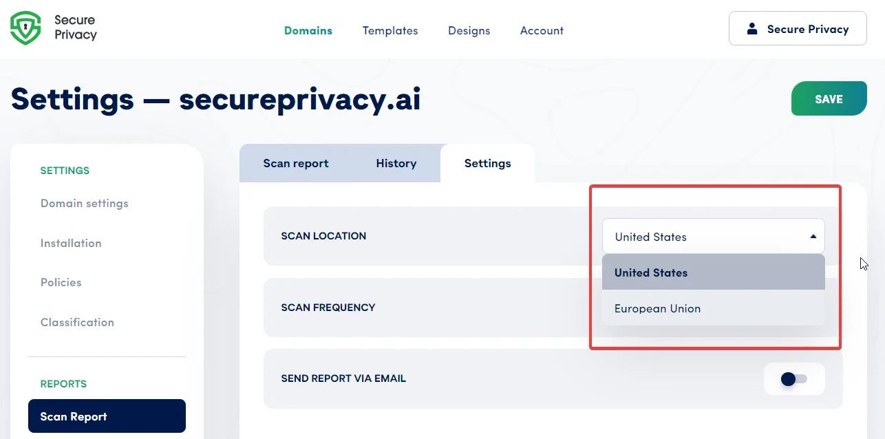 Secure Privacy Scan Report Settings page showing the Scan Location dropdown with United States selected as default and European Union (Germany) as an alternative