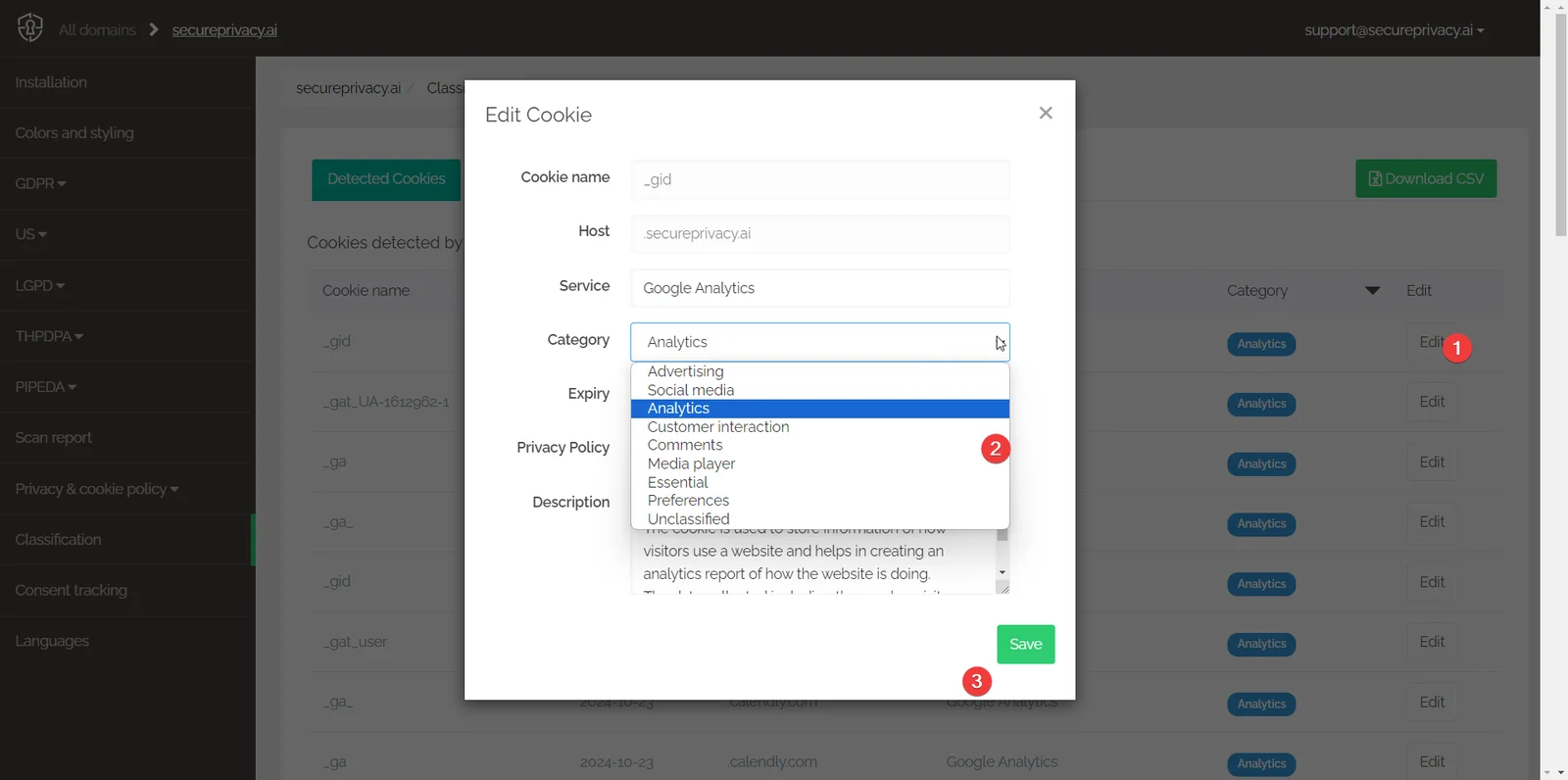 Secure Privacy Classification tab showing cookie and service categorization with category assignment options