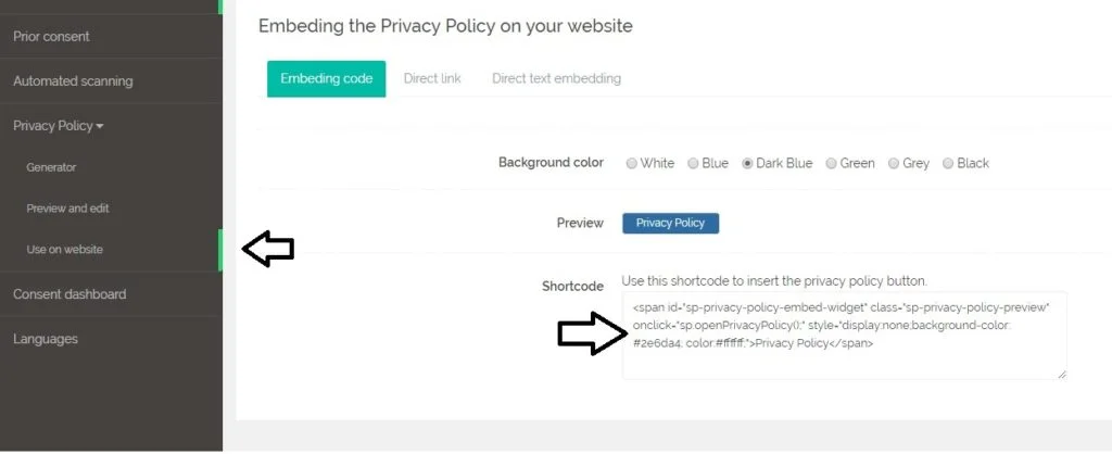 Secure Privacy account showing Privacy Policy Use on Website section with Button embed option and background color selector