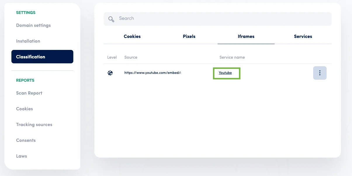 Secure Privacy Domain Settings Classification tab showing iframe and image elements categorized by cookie consent type