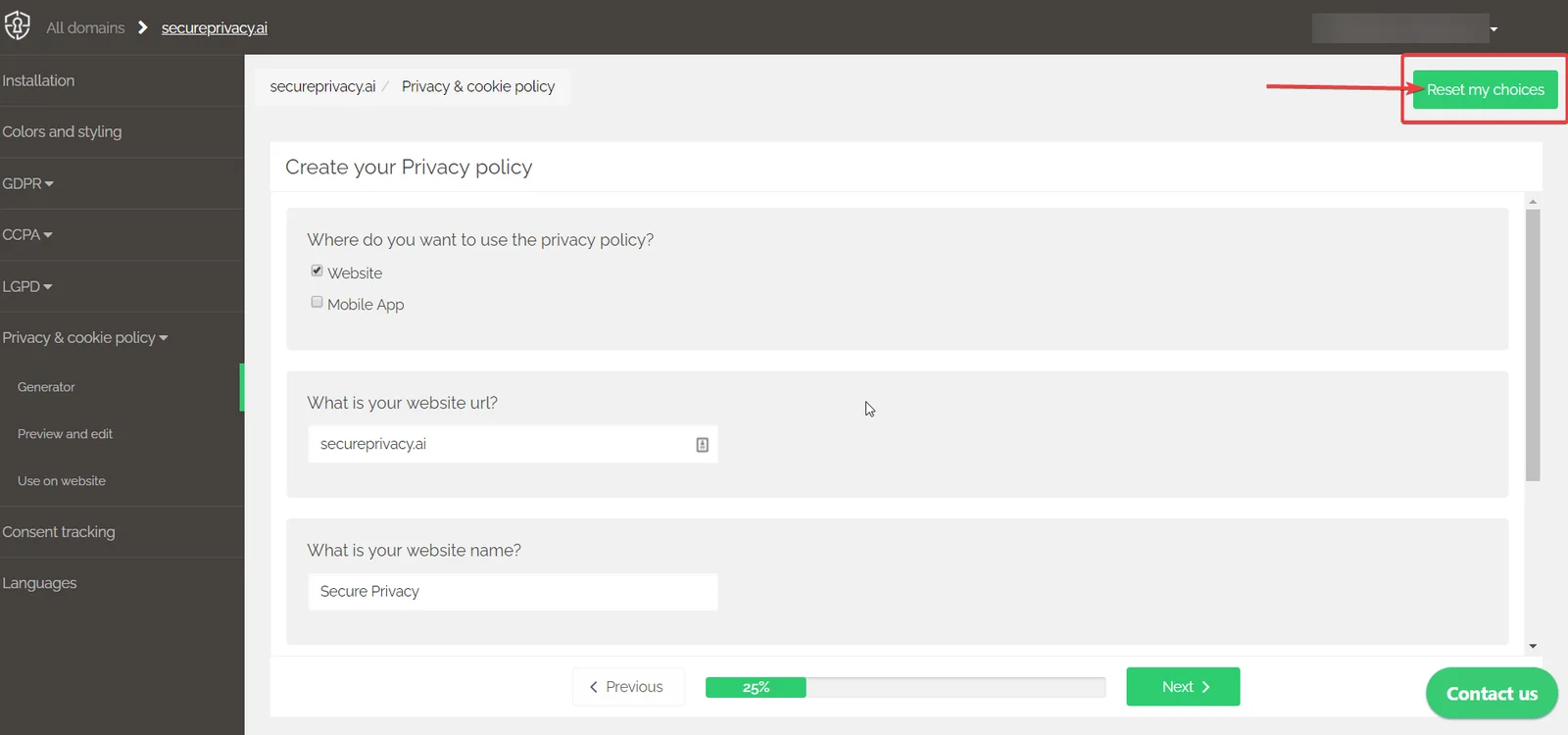 Secure Privacy Privacy Policy Generator section showing Reset my choices button to revert policy settings to defaults