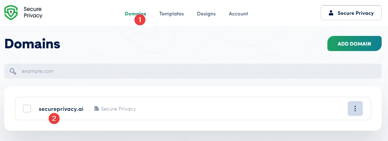 Secure Privacy Domains list showing domain selection for accessing the Consent Dashboard