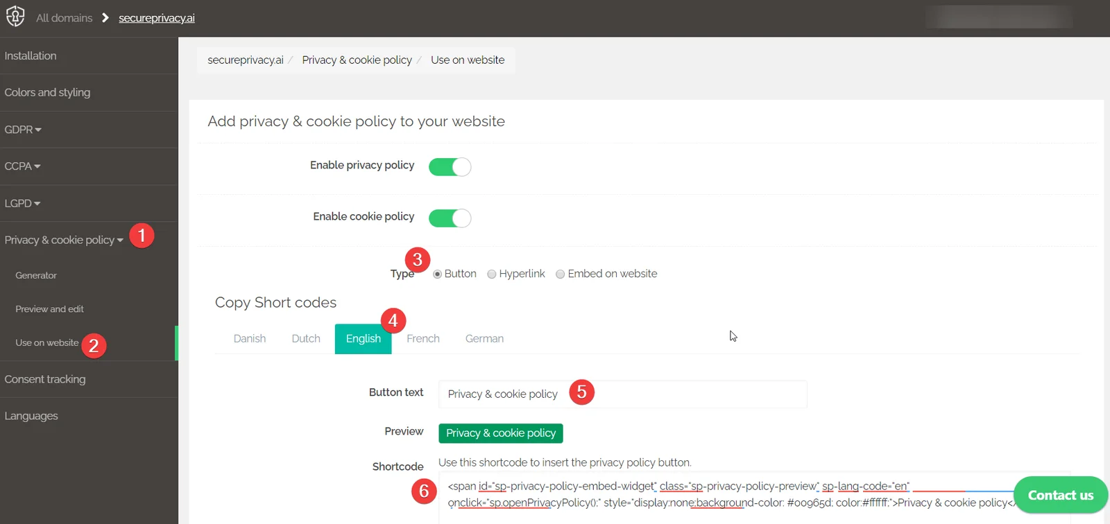 Secure Privacy embed options showing Button type selected with language, button text, preview, and shortcode fields