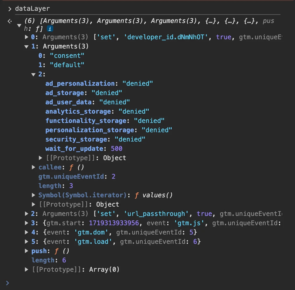 Secure Privacy Google Consent Mode configuration showing default consent status settings and dataLayer push with developer ID