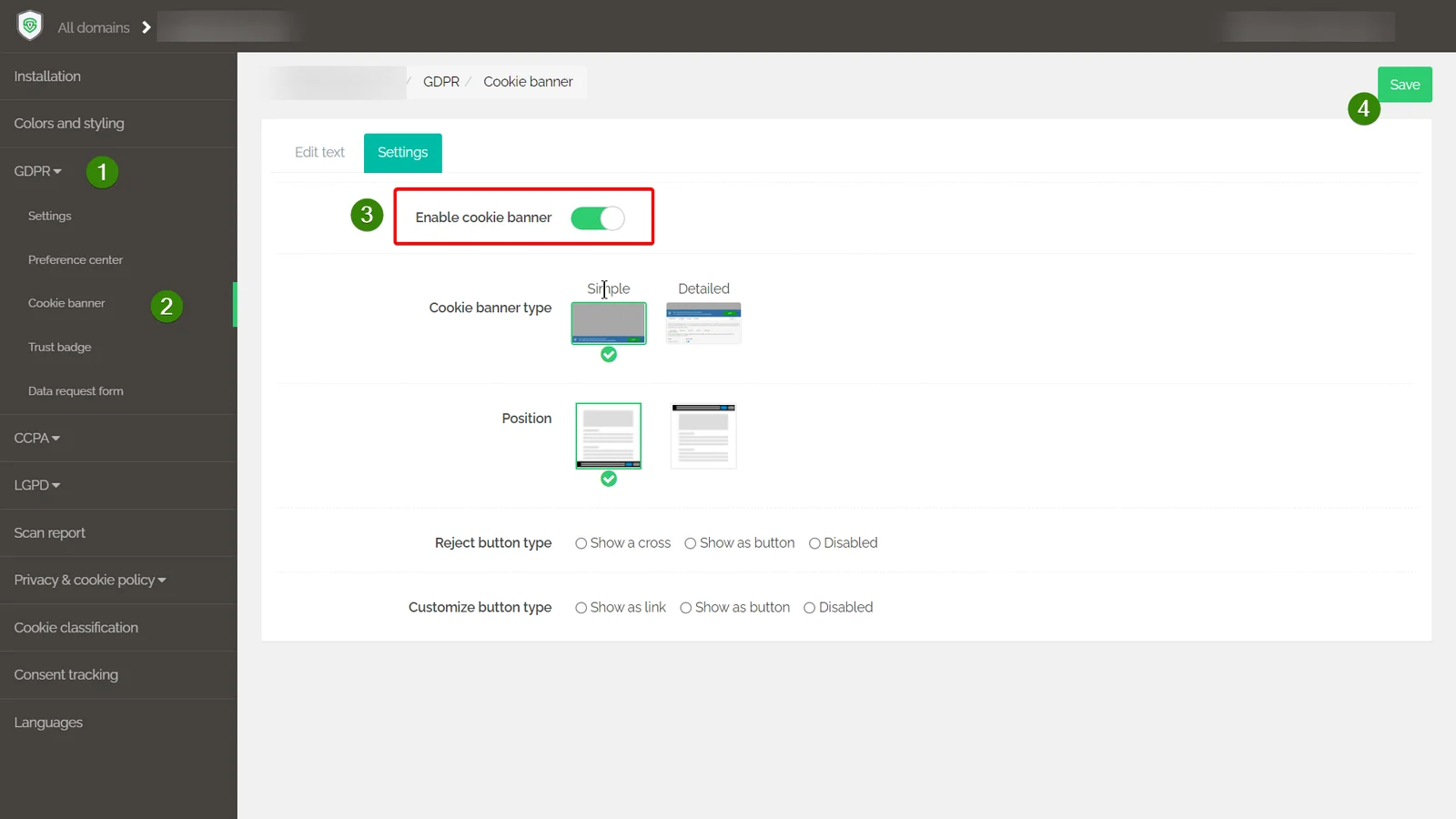 Secure Privacy cookie consent banner configuration settings showing enable toggle and compliance module options