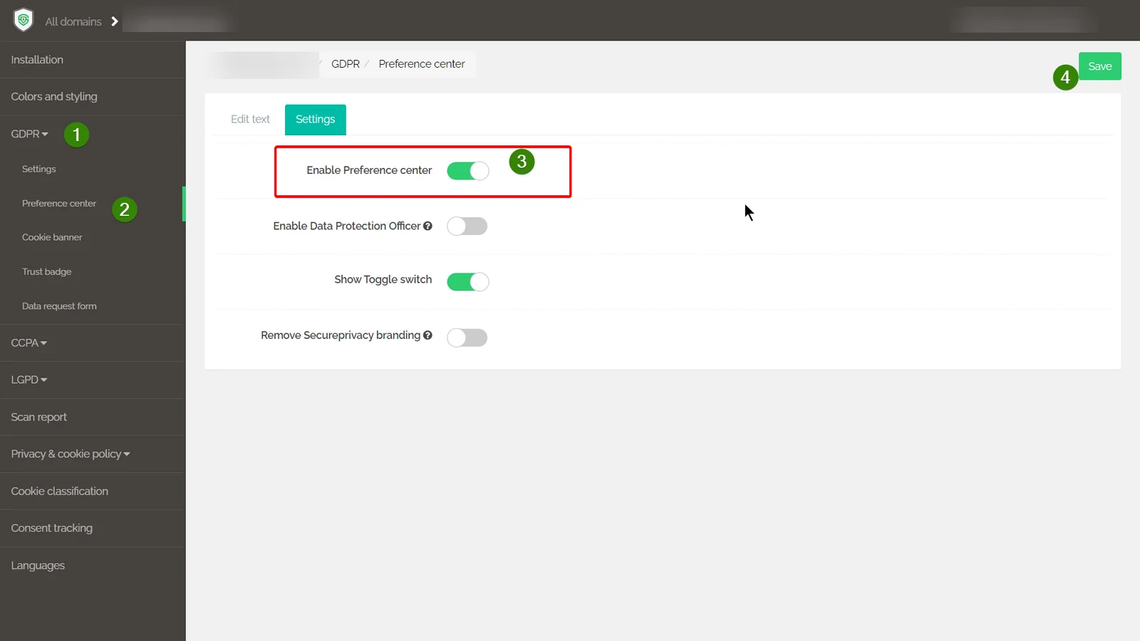 Secure Privacy Preference Center settings showing configuration options for displaying services and privacy documents to website visitors