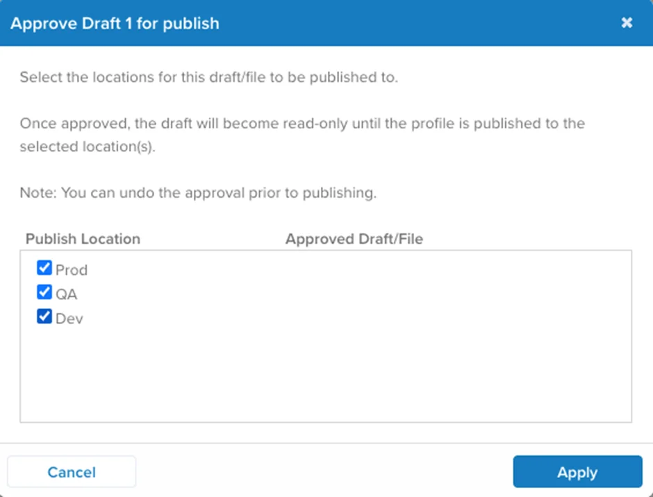 Tealium iQ publish dialog showing environment selection for deploying the Secure Privacy cookie consent extension to dev, QA, and production