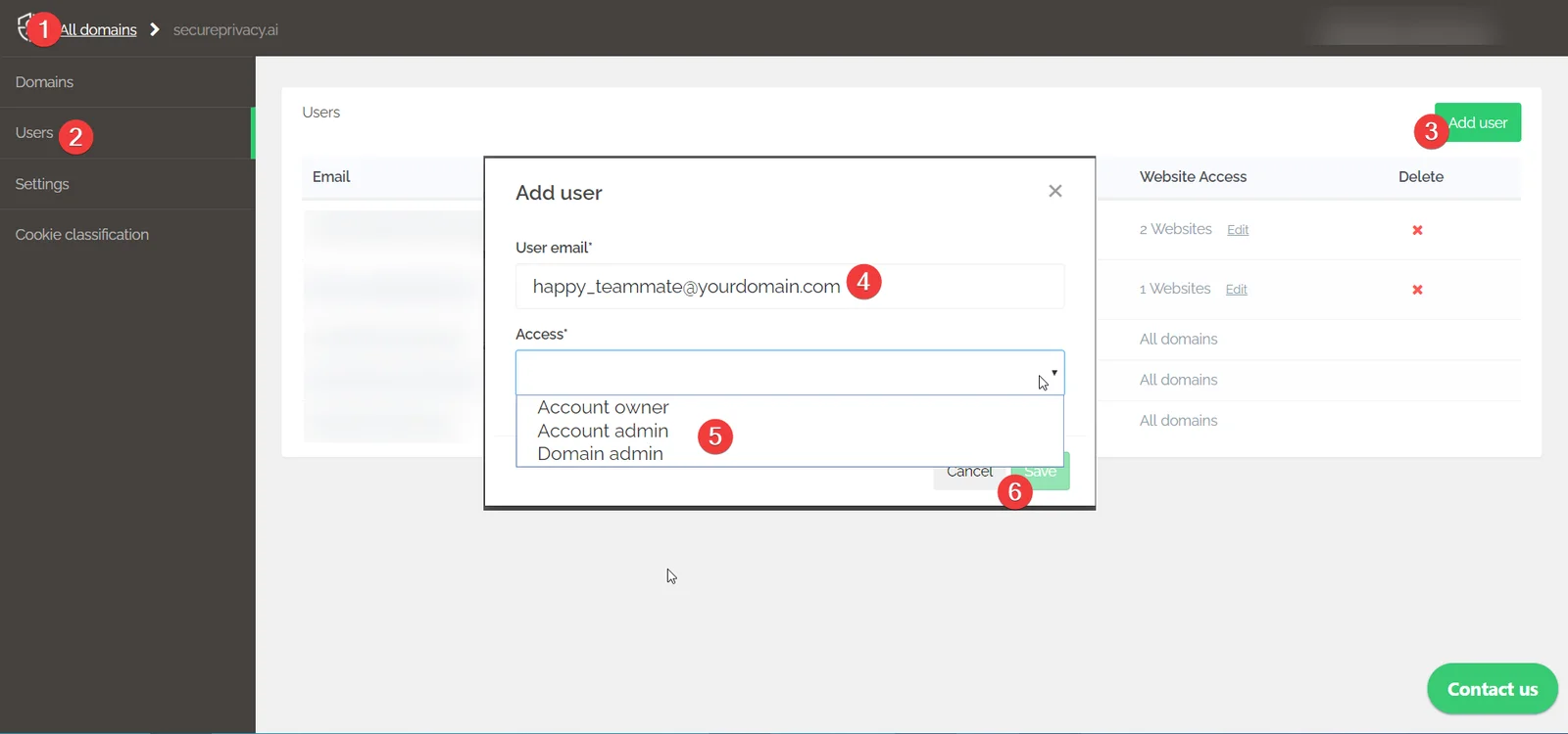 Secure Privacy Users page showing the Add User modal with User Email and Access level fields